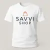 White T-shirt front side showing printed Savvi Shop logo for customisation reference.