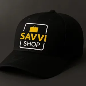 Sleek black cap for logo customisation, featuring sample Savvi Shop branding.