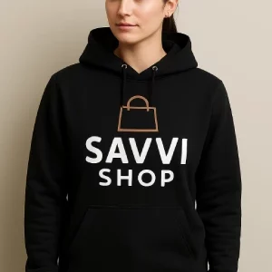 Front of black hoodie printed with Savvi Shop logo