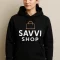 Front of black hoodie printed with Savvi Shop logo