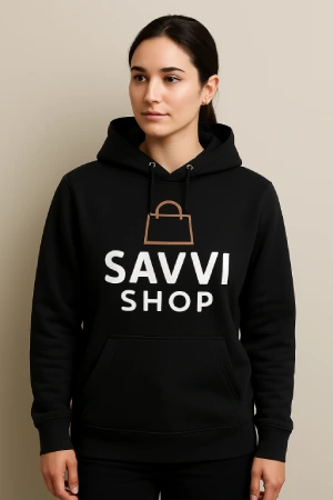 Front of black hoodie printed with Savvi Shop logo