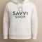 Front of white hoodie with clean printed Savvi Shop logo