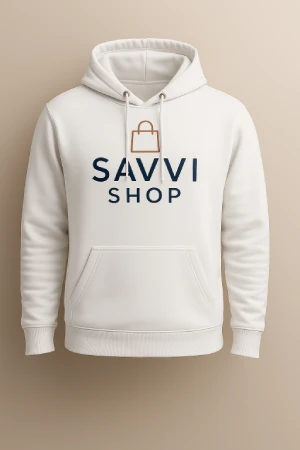 Front of white hoodie with clean printed Savvi Shop logo