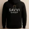 Front of black hoodie printed with Savvi Shop logo.