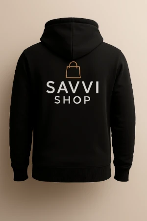 Front of black hoodie printed with Savvi Shop logo.