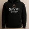 Back of black hoodie showing printed logo design