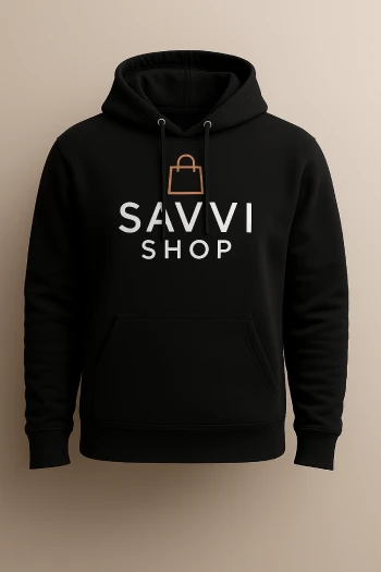 Back of black hoodie showing printed logo design