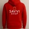 Back view of red hoodie with Savvi Shop logo