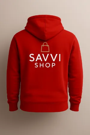 Back view of red hoodie with Savvi Shop logo
