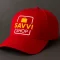 Red custom baseball cap with embroidered Savvi Shop logo – ideal for brand customisation.