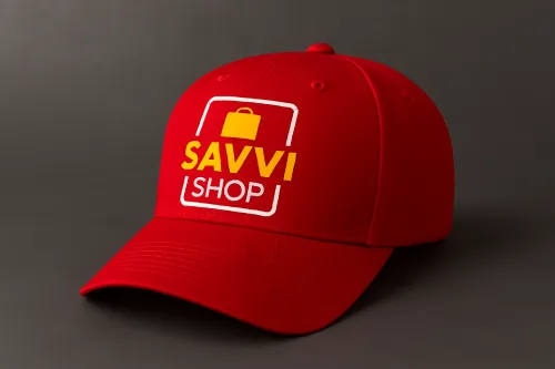 Red custom baseball cap with embroidered Savvi Shop logo – ideal for brand customisation.