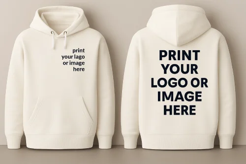 White hoodie rear view, blank and ready for printing