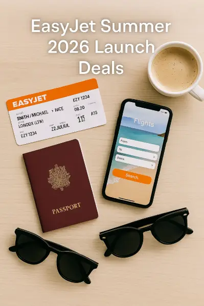 EasyJet plane flying across clear blue sky with "savvishop.uk" summer travel offer